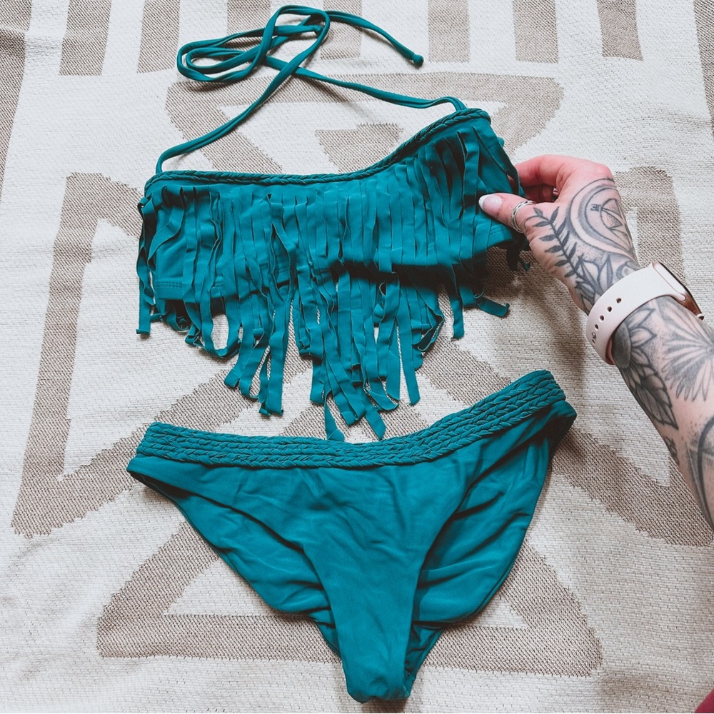 Boys + Arrows set emerald green turquoise fringe bikini XS